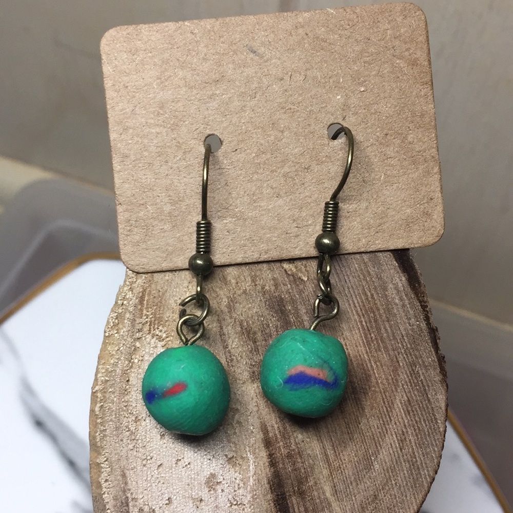 Handmade Polymer Clay Earrings-Green Sphere Dangle